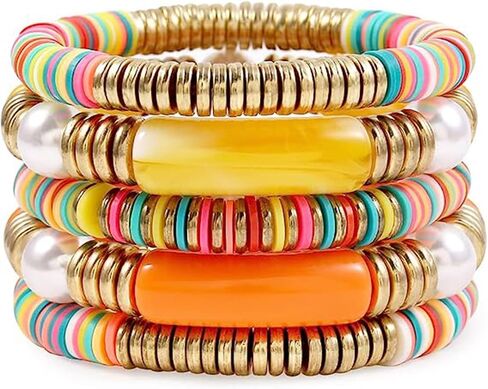 Bracelets Set Colorful Beaded Polymer Clay Pearl Stackable Charm Y2K Kidcore Summer Beach Bohemian Layering Bracelets Jewelry for Women Girls Teens in Saudi Arabia