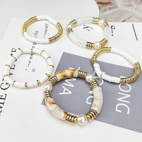 مجموعة أساور ملونة مطرزة من طين البوليمر واللؤلؤ قابلة للتكديس Y2K Kidcore Summer Beach البوهيمي طبقات أساور مجوهرات للنساء والفتيات المراهقات in Kuwait