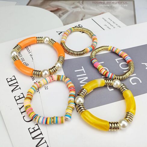 Bracelets Set Colorful Beaded Polymer Clay Pearl Stackable Charm Y2K Kidcore Summer Beach Bohemian Layering Bracelets Jewelry for Women Girls Teens in Saudi Arabia