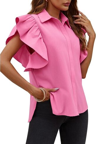 Tankaneo Womens Ruffle Button Down Shirts Cute Summer Short Sleeve Tops Blouse in Saudi Arabia