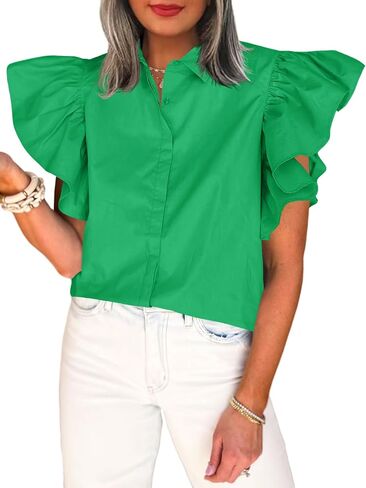 Tankaneo Womens Ruffle Button Down Shirts Cute Summer Short Sleeve Tops Blouse in Saudi Arabia