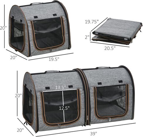PawHut 39" Portable Soft-Sided Pet Cat Carrier with Divider, Two Compartments, Soft Cushions, & Storage Bag, Grey in Saudi Arabia