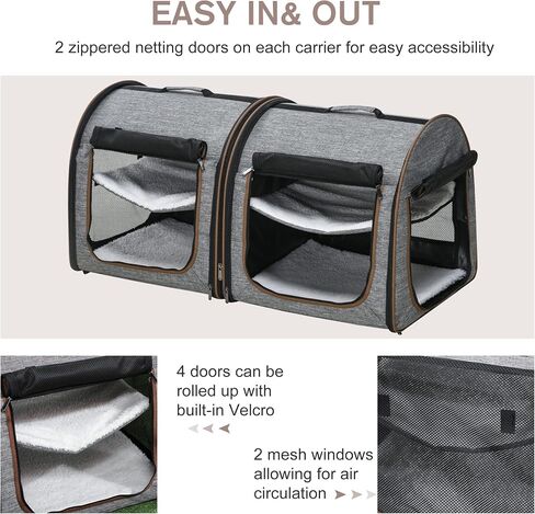 PawHut 39" Portable Soft-Sided Pet Cat Carrier with Divider, Two Compartments, Soft Cushions, & Storage Bag, Grey in Saudi Arabia