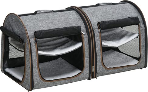 PawHut 39" Portable Soft-Sided Pet Cat Carrier with Divider, Two Compartments, Soft Cushions, & Storage Bag, Grey in Saudi Arabia