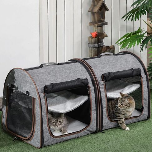 PawHut 39" Portable Soft-Sided Pet Cat Carrier with Divider, Two Compartments, Soft Cushions, & Storage Bag, Grey in Saudi Arabia