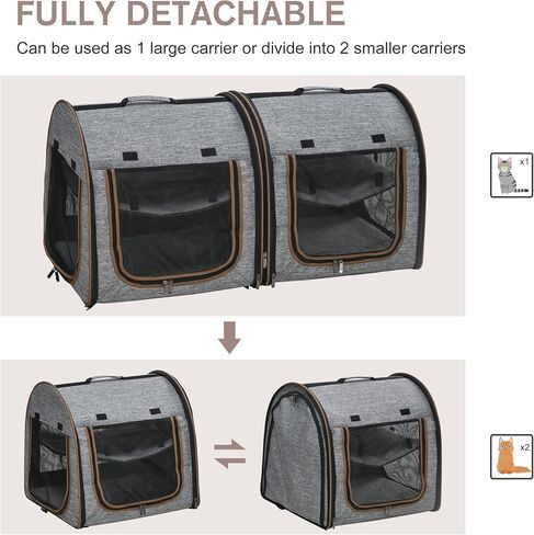 PawHut 39" Portable Soft-Sided Pet Cat Carrier with Divider, Two Compartments, Soft Cushions, & Storage Bag, Grey in Saudi Arabia