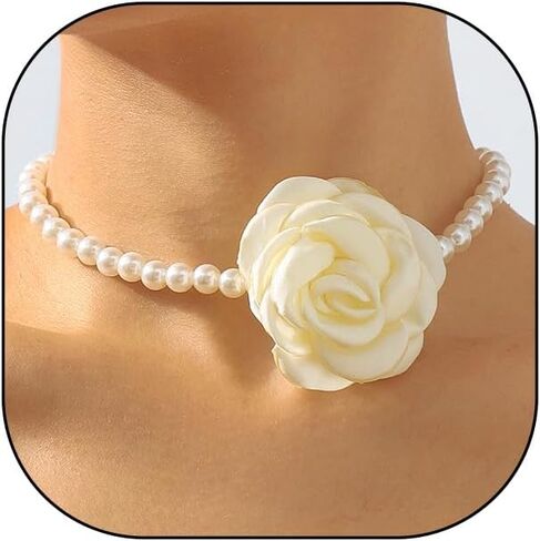 Large Rose Flower Pearl Choker Necklaces, Vintage French Camellia Charm Short Clavicle Necklaces, Fashion Statement Jewelry Gifts for Women Teen Girls in Saudi Arabia
