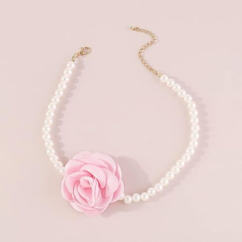 Large Rose Flower Pearl Choker Necklaces, Vintage French Camellia Charm Short Clavicle Necklaces, Fashion Statement Jewelry Gifts for Women Teen Girls in Kuwait