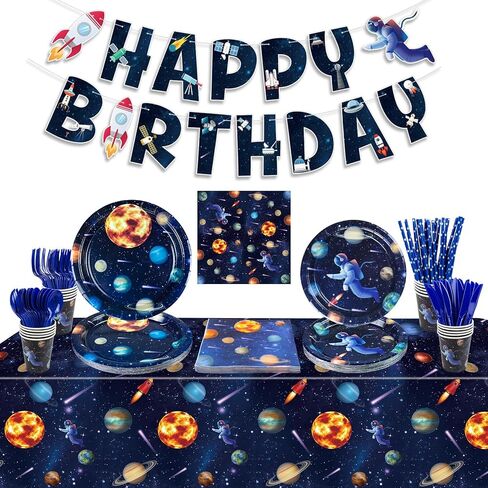 Outer Space Birthday Party Supplies, Include Happy Birthday Banner, Space Plates, Tablecloth, Napkins, Cups, and Straws for Kids Birthday Party Space Solar System Theme Party, Serves 20 Guests in Saudi Arabia