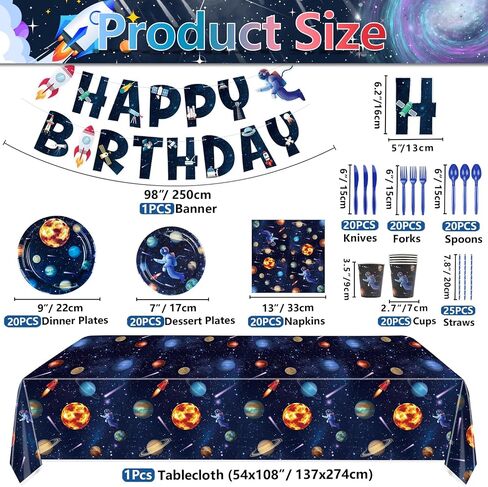 Outer Space Birthday Party Supplies, Include Happy Birthday Banner, Space Plates, Tablecloth, Napkins, Cups, and Straws for Kids Birthday Party Space Solar System Theme Party, Serves 20 Guests in Saudi Arabia