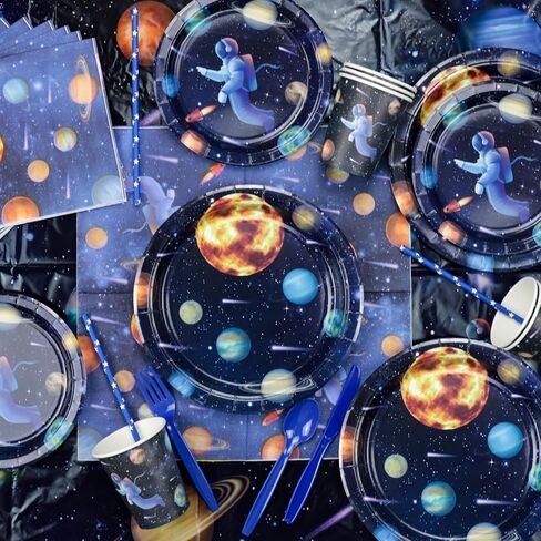 Outer Space Birthday Party Supplies, Include Happy Birthday Banner, Space Plates, Tablecloth, Napkins, Cups, and Straws for Kids Birthday Party Space Solar System Theme Party, Serves 20 Guests in Saudi Arabia