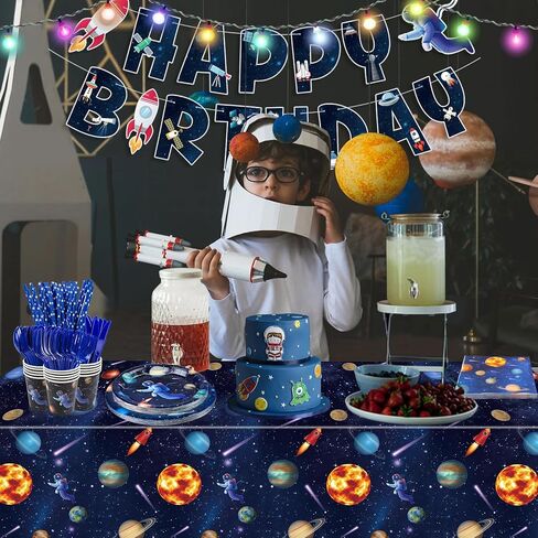 Outer Space Birthday Party Supplies, Include Happy Birthday Banner, Space Plates, Tablecloth, Napkins, Cups, and Straws for Kids Birthday Party Space Solar System Theme Party, Serves 20 Guests in Saudi Arabia