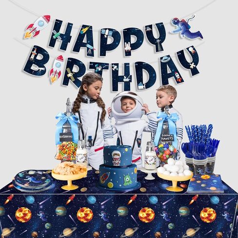 Outer Space Birthday Party Supplies, Include Happy Birthday Banner, Space Plates, Tablecloth, Napkins, Cups, and Straws for Kids Birthday Party Space Solar System Theme Party, Serves 20 Guests in Saudi Arabia