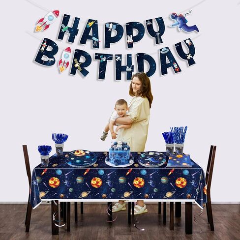Outer Space Birthday Party Supplies, Include Happy Birthday Banner, Space Plates, Tablecloth, Napkins, Cups, and Straws for Kids Birthday Party Space Solar System Theme Party, Serves 20 Guests in Saudi Arabia