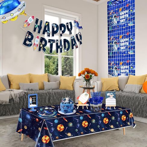 Outer Space Birthday Party Supplies, Include Happy Birthday Banner, Space Plates, Tablecloth, Napkins, Cups, and Straws for Kids Birthday Party Space Solar System Theme Party, Serves 20 Guests in Saudi Arabia