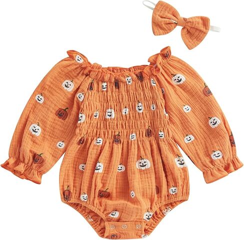 Newborn Infant Baby Girl Halloween Outfit Cute Pumpkin Romper Long Sleeve Bodysuit Headband 2Pcs Clothes Set (A- Orange, 0-6 Months) in Saudi Arabia