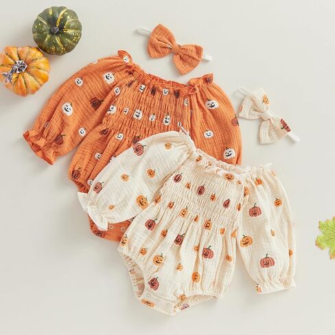 Newborn Infant Baby Girl Halloween Outfit Cute Pumpkin Romper Long Sleeve Bodysuit Headband 2Pcs Clothes Set (A- Orange, 0-6 Months) in Saudi Arabia