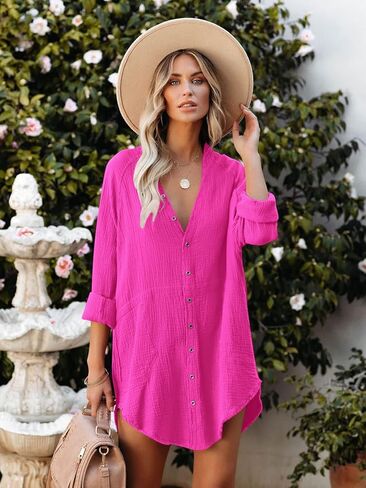 فساتين تونيك نسائية طويلة الأكمام من القطن من Paintcolors، أغطية للشاطئ، بلوزة كبيرة الحجم مع جيوب - فوشيا XXL in Kuwait