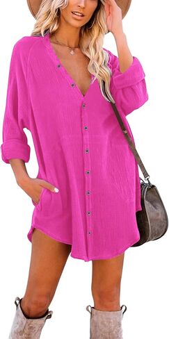 فساتين تونيك نسائية طويلة الأكمام من القطن من Paintcolors، أغطية للشاطئ، بلوزة كبيرة الحجم مع جيوب - فوشيا XXL in Kuwait