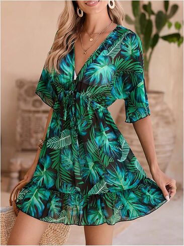 Verdusa Women's Tropical Print Ruffle Trim Drawstring Bikini Swimsuit Cover Up Dress in Saudi Arabia