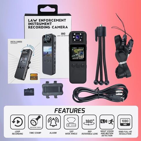 DANOPLUS Body Camera HD 1080P Body Cameras with Audio and Video Recording, 180° Rotating Lens Body Cam with IR Night Vision &10 Hours Continuous Recording, Personal Body Cam with 1/4" Screw Hole in Saudi Arabia