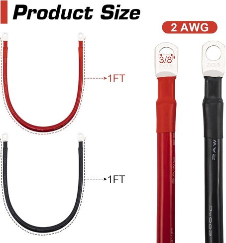 تغيير مور 2 AWG كابل البطارية 2 قياس كابلات عاكس البطارية مع محطات 3/8 بوصة، كابل لحام النحاس النقي، سلك نحاسي للشاحنة، دراجة نارية، RV، البحرية الأحمر والأسود (1FT) in Kuwait