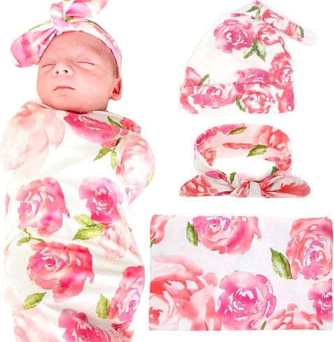 مجموعة بطانية قماط للأطفال حديثي الولادة وقبعة وعصابة رأس للمستشفى، بطانيات استقبال، زهرة وردية in Kuwait