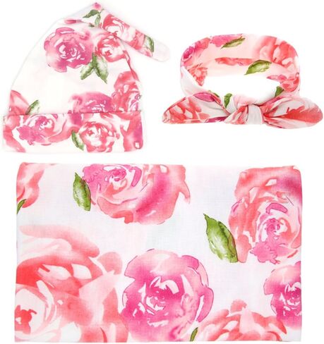 مجموعة بطانية قماط للأطفال حديثي الولادة وقبعة وعصابة رأس للمستشفى، بطانيات استقبال، زهرة وردية in Kuwait