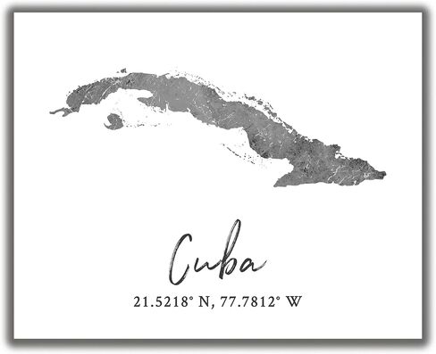 Cuba Map Wall Art Print - 8x10 Silhouette Decor Print with Coordinates. Makes a Great Cuban-Themed Gift. Shades of Gray, Black & White. in Saudi Arabia