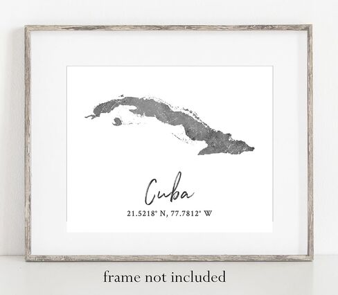 Cuba Map Wall Art Print - 8x10 Silhouette Decor Print with Coordinates. Makes a Great Cuban-Themed Gift. Shades of Gray, Black & White. in Saudi Arabia