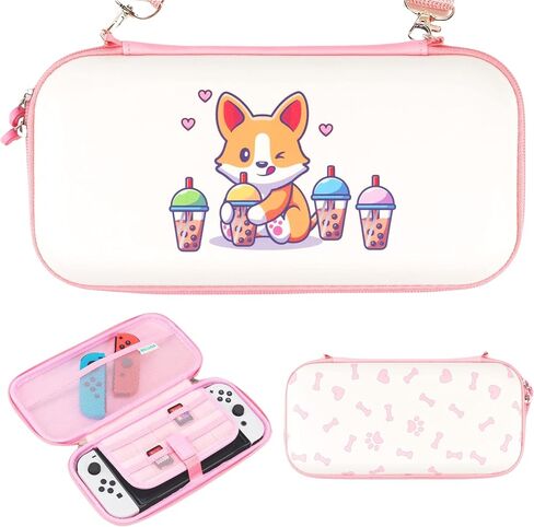 حقيبة حمل BelugaDesign Corgi Boba | واقي السفر الصلب باللون الأبيض والوردي الباستيل | لطيف Kawaii أنيمي الكلب فقاعة الشاي الكفوف | متوافق مع نينتندو سويتش ستاندرد لايت OLED in Kuwait