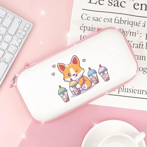 حقيبة حمل BelugaDesign Corgi Boba | واقي السفر الصلب باللون الأبيض والوردي الباستيل | لطيف Kawaii أنيمي الكلب فقاعة الشاي الكفوف | متوافق مع نينتندو سويتش ستاندرد لايت OLED in Kuwait