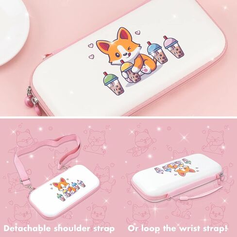 حقيبة حمل BelugaDesign Corgi Boba | واقي السفر الصلب باللون الأبيض والوردي الباستيل | لطيف Kawaii أنيمي الكلب فقاعة الشاي الكفوف | متوافق مع نينتندو سويتش ستاندرد لايت OLED in Kuwait
