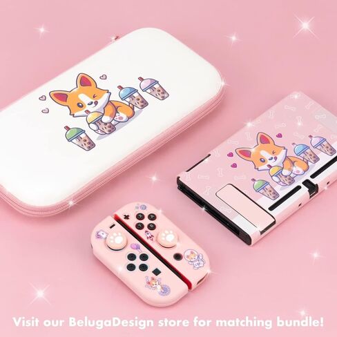 حقيبة حمل BelugaDesign Corgi Boba | واقي السفر الصلب باللون الأبيض والوردي الباستيل | لطيف Kawaii أنيمي الكلب فقاعة الشاي الكفوف | متوافق مع نينتندو سويتش ستاندرد لايت OLED in Kuwait