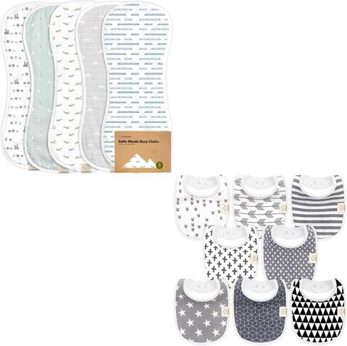 KeaBabies 5-Pack Muslin Baby Burp Cloths and 8-Pack Baby Bibs for Girls & Boys - White Cotton Burp Cloth - Teething Baby Bibs for Boy, Girl in Saudi Arabia