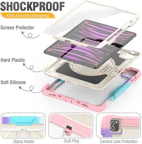 HXCASEAC Case for iPad Pro 12.9 inch (Pro 6th 5th 4th 3rd) Shockproof with Screen Protector/Pencil Holder/Hand Strap, [3-Layer] Heavy Duty Protective iPad Pro 12.9 Case 2022/2021/2020/2018, Black in Saudi Arabia