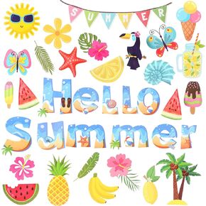 Summer Bulletin Board Decorations, Tropical Fruits Pineapple Watermelon Lemon Classroom Decoration Set Luau Hawaiian Party Decorative Classroom Supplies (A)