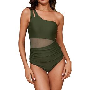 Women's Sexy One Shoulder One Piece Swimsuit for Women Tummy Control Bathing Suits Slimming Mesh Swimwear