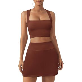 Club Outfits for Women 2 Piece Skirt Sets Mini Going Out Dresses Square Neck Dress Padded Tank Top with Shorts Pockets
