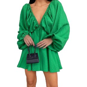 NANYUAYA Women Sexy Deep V Neck Puff Long Sleeve Dress Backless High Waist Ruffle Short Mini Dress Party Club Fall Dress