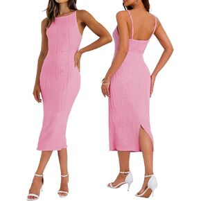 Women's Spaghetti Strap Bodycon Dress Sleeveless Knit Slit Midi Dresses Backless Cocktail Party Sexy Dress