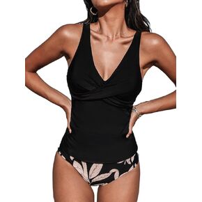 CUPSHE Women's Tankini Set Two Piece Swimsuit Mid Rise with Twist Shirred Front Ruched