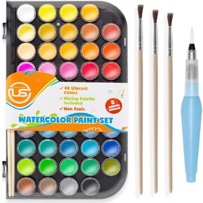 Watercolor Paint Set- 48 Colors Washable Water Paint with Palette, 3 Brushes & Refillable Water Brush Pen, Non Toxic, for Kids, Beginners, Adults & Artists