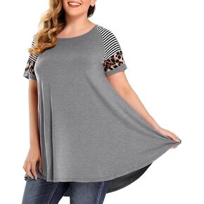 MONNURO تونيك مقاس كبير بطبعة الفهد للنساء، قميص مخطط بأكمام قصيرة كاجوال فضفاض in Kuwait