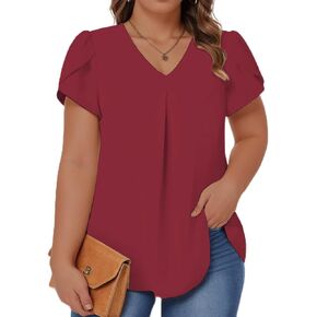 ROSRISS Plus-Size Summer Tops Petal Short Sleeve Shirts Casual V Neck Tuincs Chiffon Blouses