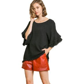 Umgee Women's Layered Ruffle Short Sleeve Frayed Top