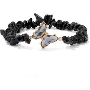 tenghong2021 Crystal Butterfly Bracelet for Women Amethyst Obsidian Beaded Bracelet Natural Stone Crystal Beaded Anxiety Relief Lucky Butterfly Charms Bracelets for Girls Mother's Day Gifts Jewelry