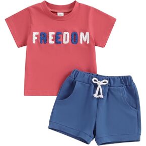 BULINGNA Infant Toddler Baby Boys 4th of July Outfit Letter Embroidery Short Sleeve T-Shirt Tops Shorts 2Pcs Summer Clothes
