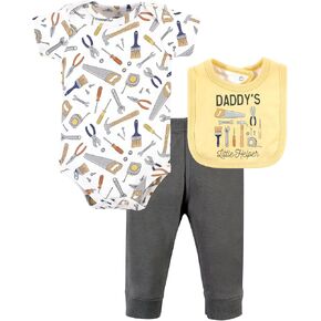Hudson Baby Unisex Baby Cotton Bodysuit, Pant and Bib Set, Construction Work, Newborn in Kuwait