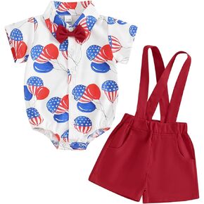 FYBITBO Infant Baby Boys Clothes 4th Of July Outfits Gentleman Short Sleeve Romper Button Down Bodysuit with Overall Shorts